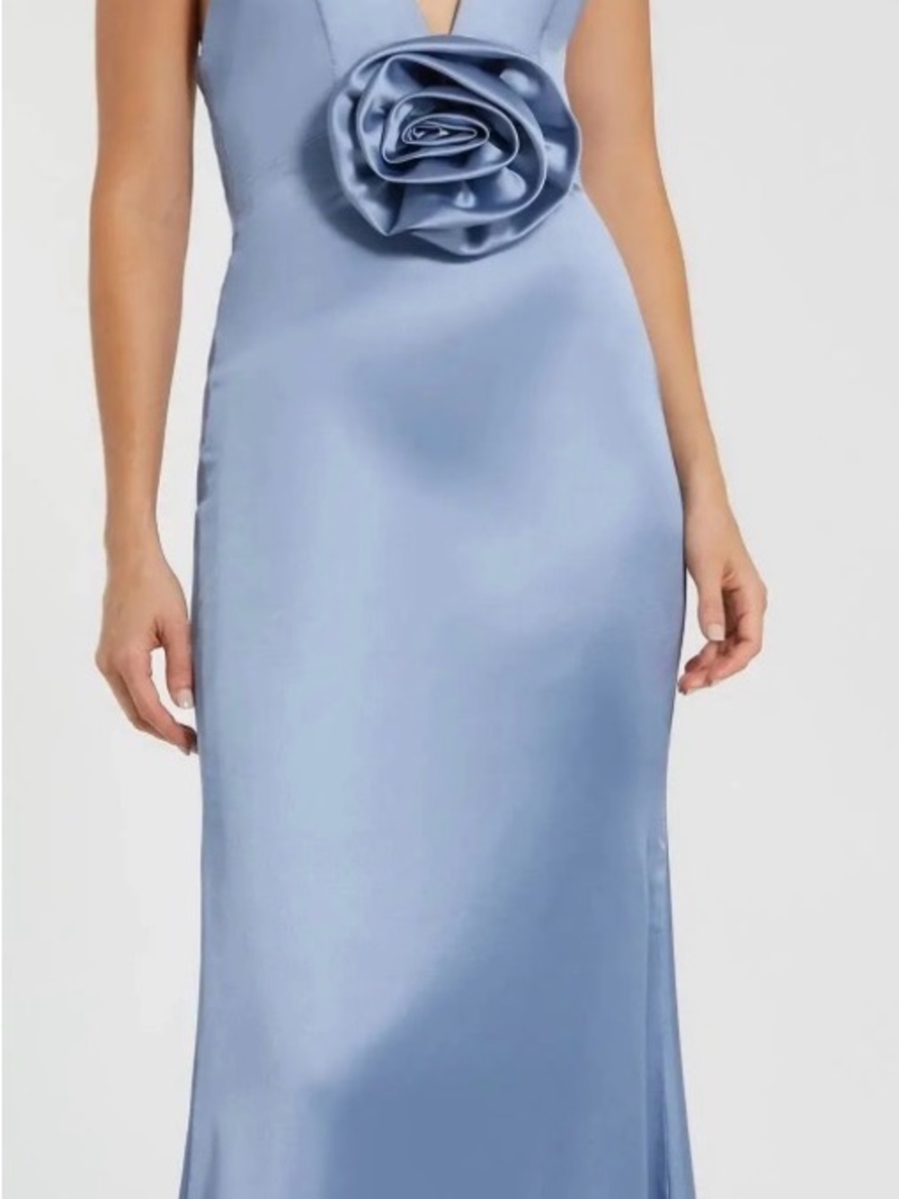 Mac Duggal Powder Blue Strapless Satin Gown with Rosette -NWOT